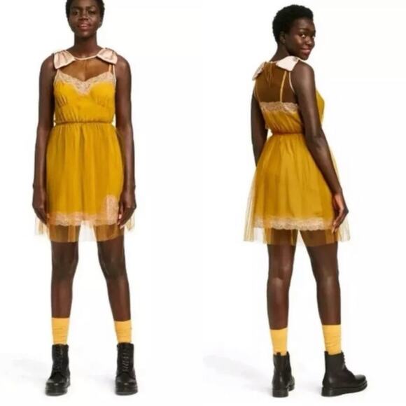 Rodarte X Target Mustard Yellow Tulle Slip Mini Dress Sz M Whimsigoth Grunge - Picture 5 of 11
